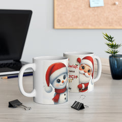 Personalizowany kubek „Magia Świąt zaczyna się w sercu” – świąteczny kubek z Mikołajem i bałwankiem | Prezent na Święta | Ceramiczny kubek z dedykacją