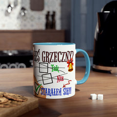 Kubek dwukolorowy „Byłeś grzeczny?” – śmieszny świąteczny kubek z Mikołajem | Prezent na Święta | Ceramiczny kubek z kolorowym wnętrzem