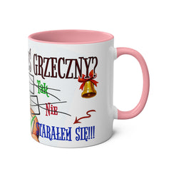 Kubek dwukolorowy „Byłeś grzeczny?” – śmieszny świąteczny kubek z Mikołajem | Prezent na Święta | Ceramiczny kubek z kolorowym wnętrzem