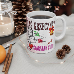 Kubek „Byłaś grzeczna?” – zabawny świąteczny kubek z motywem Mikołajki | Prezent na Święta | Biały ceramiczny kubek na kawę i herbatę