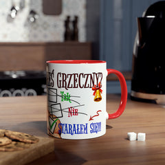 Kubek dwukolorowy „Byłeś grzeczny?” – śmieszny świąteczny kubek z Mikołajem | Prezent na Święta | Ceramiczny kubek z kolorowym wnętrzem