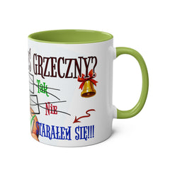 Kubek dwukolorowy „Byłeś grzeczny?” – śmieszny świąteczny kubek z Mikołajem | Prezent na Święta | Ceramiczny kubek z kolorowym wnętrzem
