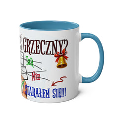 Kubek dwukolorowy „Byłeś grzeczny?” – śmieszny świąteczny kubek z Mikołajem | Prezent na Święta | Ceramiczny kubek z kolorowym wnętrzem