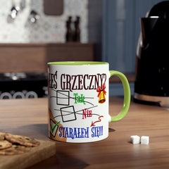 Kubek dwukolorowy „Byłeś grzeczny?” – śmieszny świąteczny kubek z Mikołajem | Prezent na Święta | Ceramiczny kubek z kolorowym wnętrzem