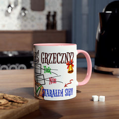 Kubek dwukolorowy „Byłeś grzeczny?” – śmieszny świąteczny kubek z Mikołajem | Prezent na Święta | Ceramiczny kubek z kolorowym wnętrzem