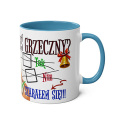 Kubek dwukolorowy „Byłeś grzeczny?” – śmieszny świąteczny kubek z Mikołajem | Prezent na Święta | Ceramiczny kubek z kolorowym wnętrzem