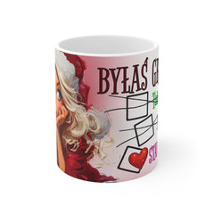 Kubek „Byłaś grzeczna?” – zabawny świąteczny kubek z motywem Mikołajki | Prezent na Święta | Biały ceramiczny kubek na kawę i herbatę