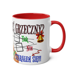 Kubek dwukolorowy „Byłeś grzeczny?” – śmieszny świąteczny kubek z Mikołajem | Prezent na Święta | Ceramiczny kubek z kolorowym wnętrzem