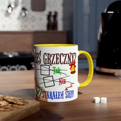 Kubek dwukolorowy „Byłeś grzeczny?” – śmieszny świąteczny kubek z Mikołajem | Prezent na Święta | Ceramiczny kubek z kolorowym wnętrzem