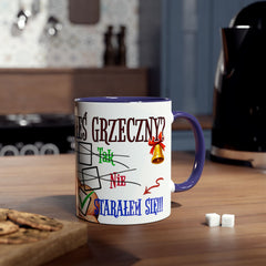 Kubek dwukolorowy „Byłeś grzeczny?” – śmieszny świąteczny kubek z Mikołajem | Prezent na Święta | Ceramiczny kubek z kolorowym wnętrzem