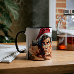 Kubek dwukolorowy „Byłeś grzeczny?” – śmieszny świąteczny kubek z Mikołajem | Prezent na Święta | Ceramiczny kubek z kolorowym wnętrzem