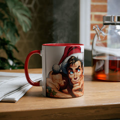 Kubek dwukolorowy „Byłeś grzeczny?” – śmieszny świąteczny kubek z Mikołajem | Prezent na Święta | Ceramiczny kubek z kolorowym wnętrzem