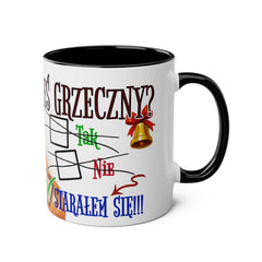 Kubek dwukolorowy „Byłeś grzeczny?” – śmieszny świąteczny kubek z Mikołajem | Prezent na Święta | Ceramiczny kubek z kolorowym wnętrzem