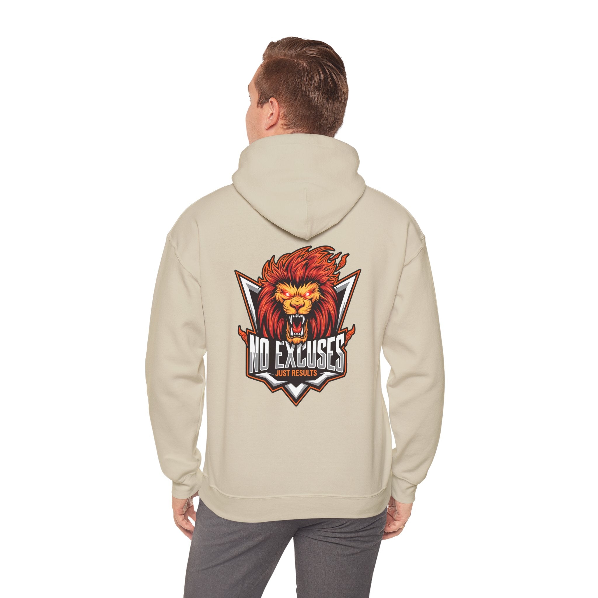 No Excuses Lion Graphic Hoodie - Motivational Unisex Heavy Blend Pullover for Fitness Enthusiasts