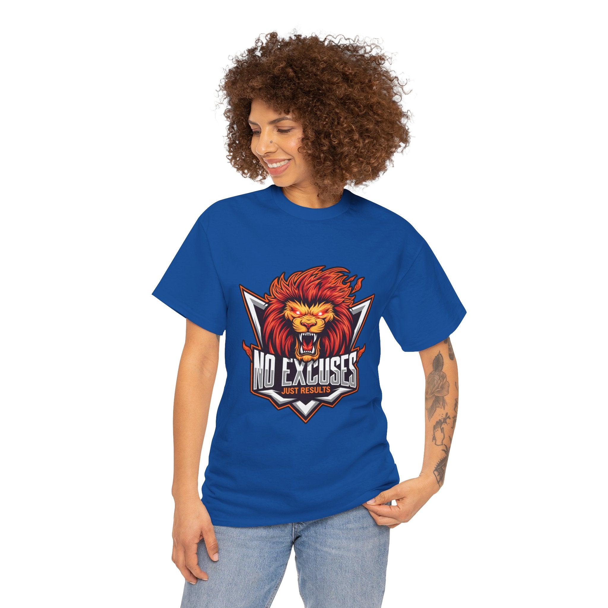 Motivational Lion Graphic Tee - 'No Excuses, Just Results'