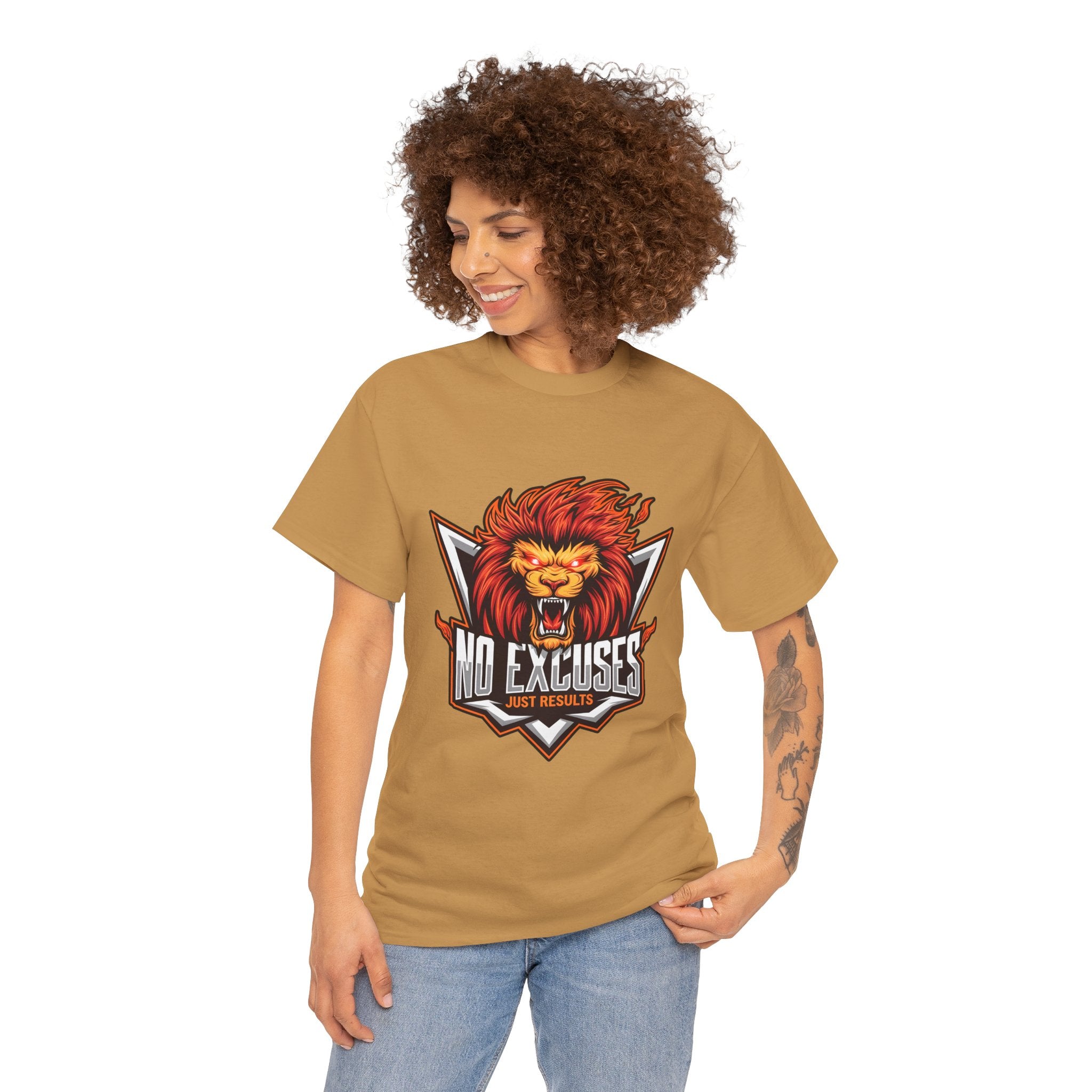 Motivational Lion Graphic Tee - 'No Excuses, Just Results'