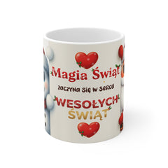 Kubek „Magia Świąt zaczyna się w sercu” – świąteczny kubek z Mikołajem i bałwankiem | Prezent na Święta | Biały ceramiczny kubek na kawę i herbatę