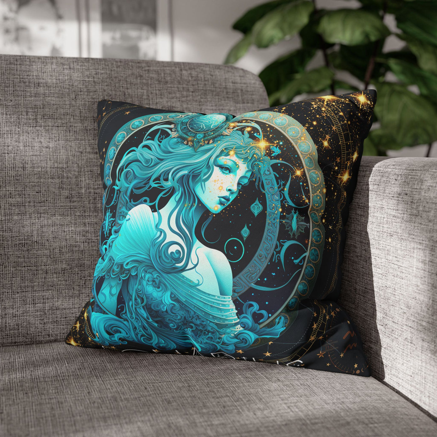 Astrology-Inspired Square Poly Canvas Pillowcase - Aquarius Zodiac Decor for Dreamy Spaces