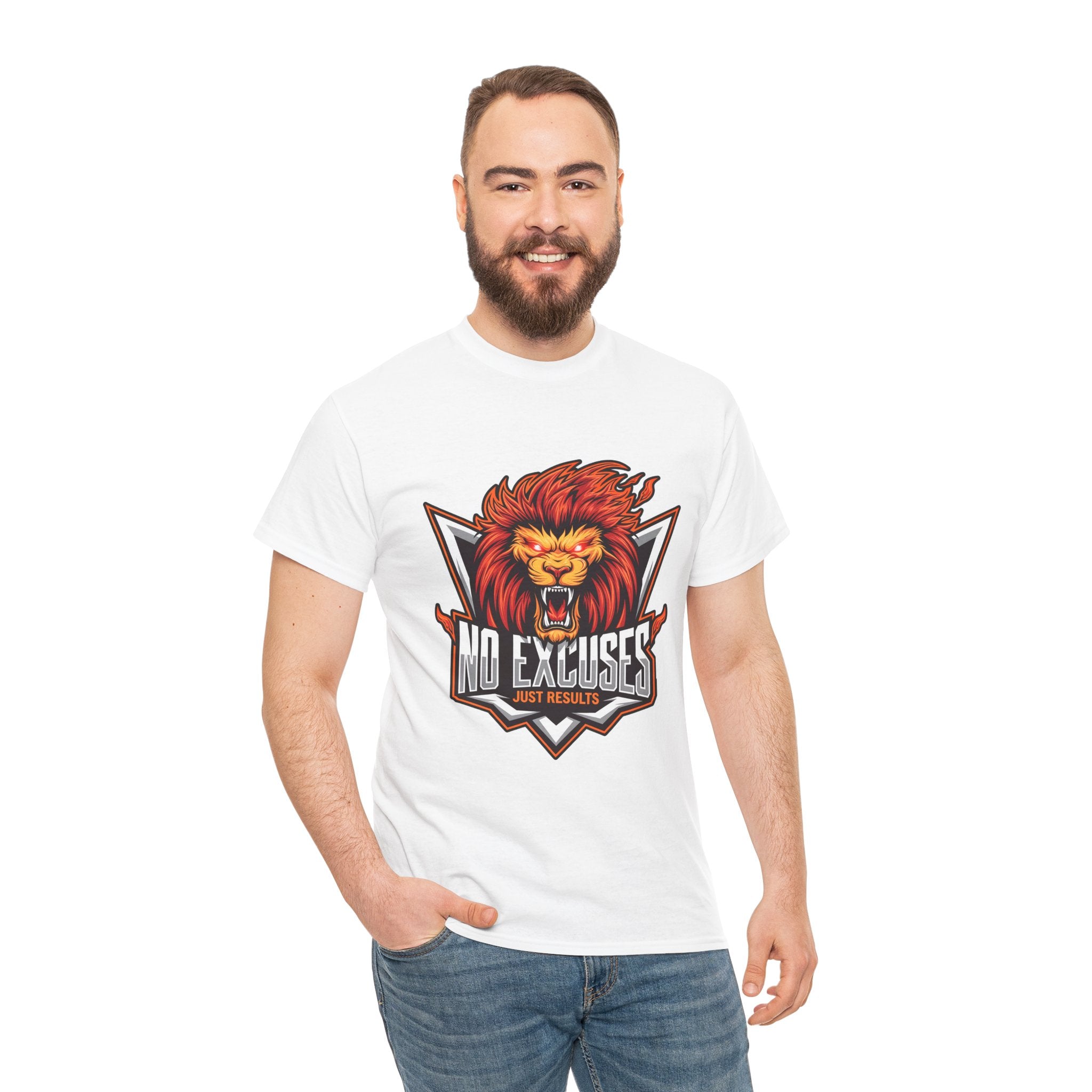 Motivational Lion Graphic Tee - 'No Excuses, Just Results'