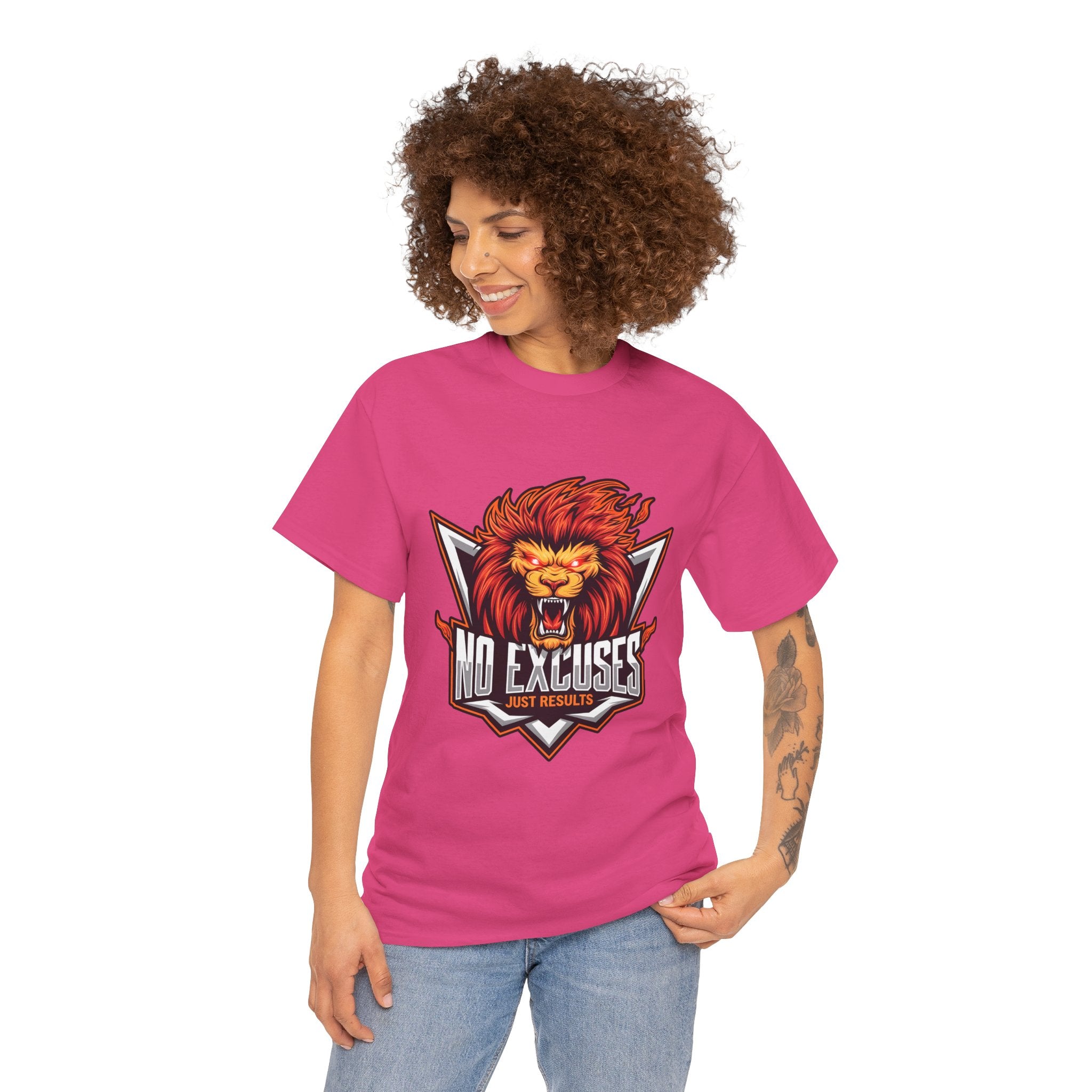 Motivational Lion Graphic Tee - 'No Excuses, Just Results'