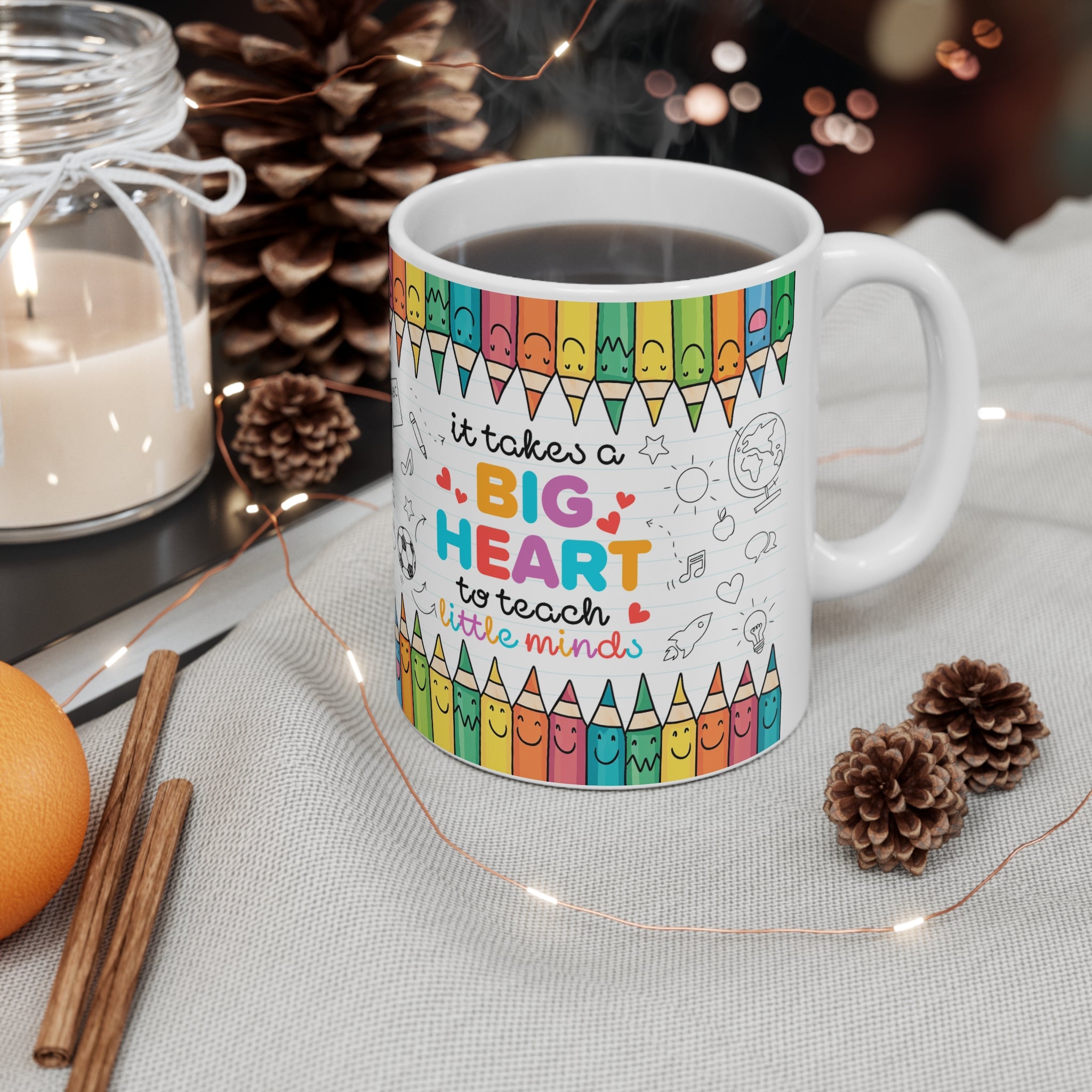 Ceramic Teacher Coffee Cup - "It Takes a Big Heart to Teach Little Minds" - Perfect Gift for Educators, Desk Decor, Classroom Essentials