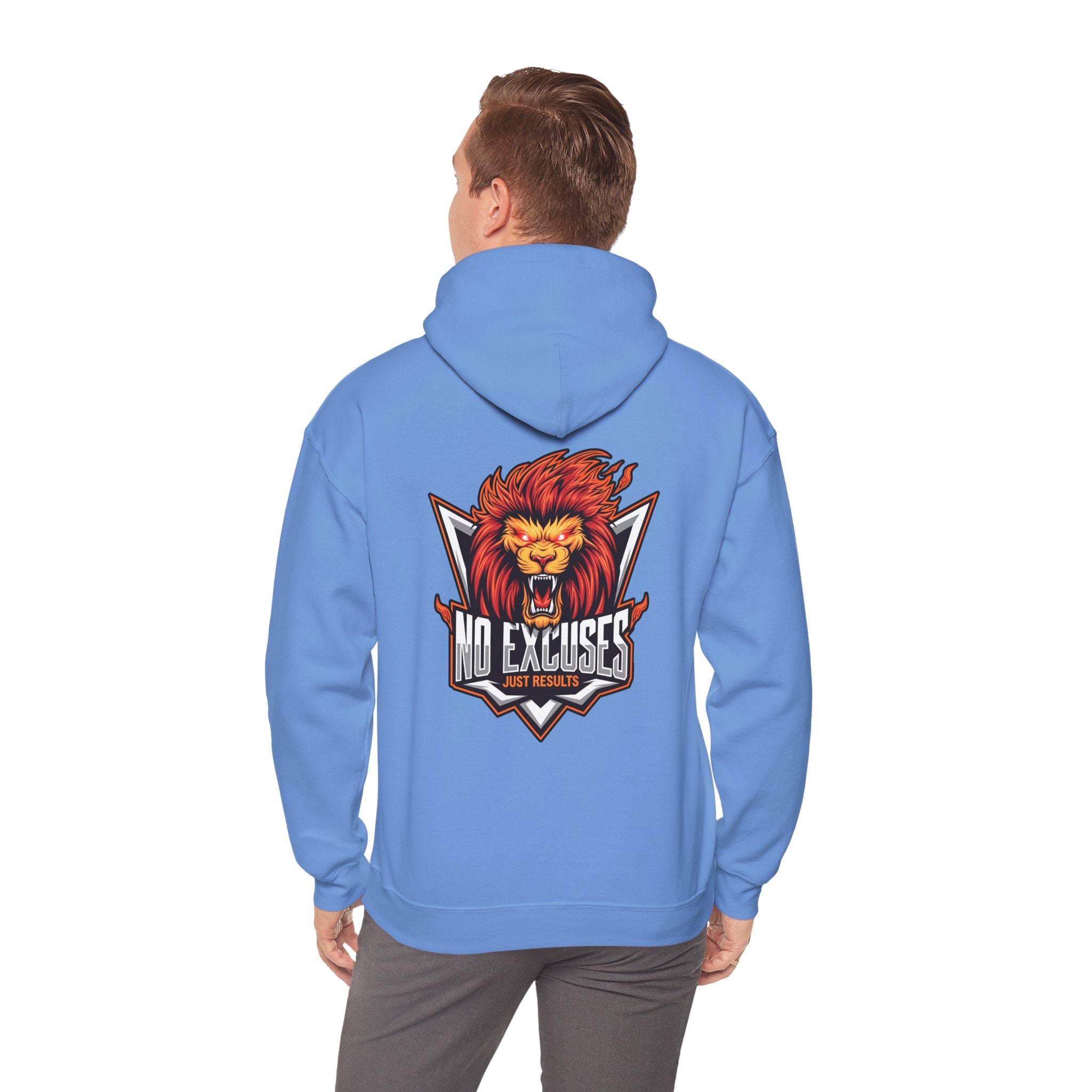 No Excuses Lion Graphic Hoodie - Motivational Unisex Heavy Blend Pullover for Fitness Enthusiasts