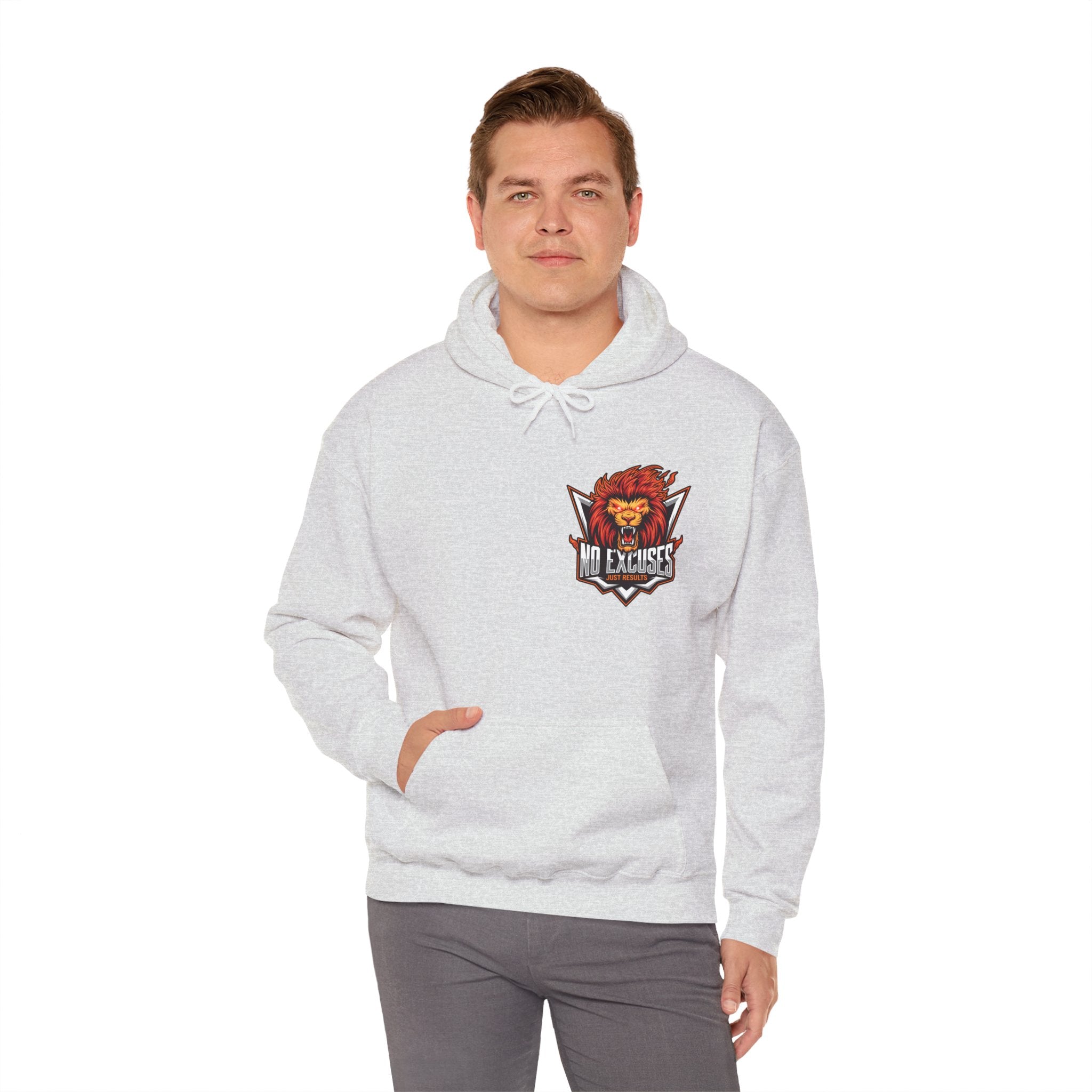 No Excuses Lion Graphic Hoodie - Motivational Unisex Heavy Blend Pullover for Fitness Enthusiasts