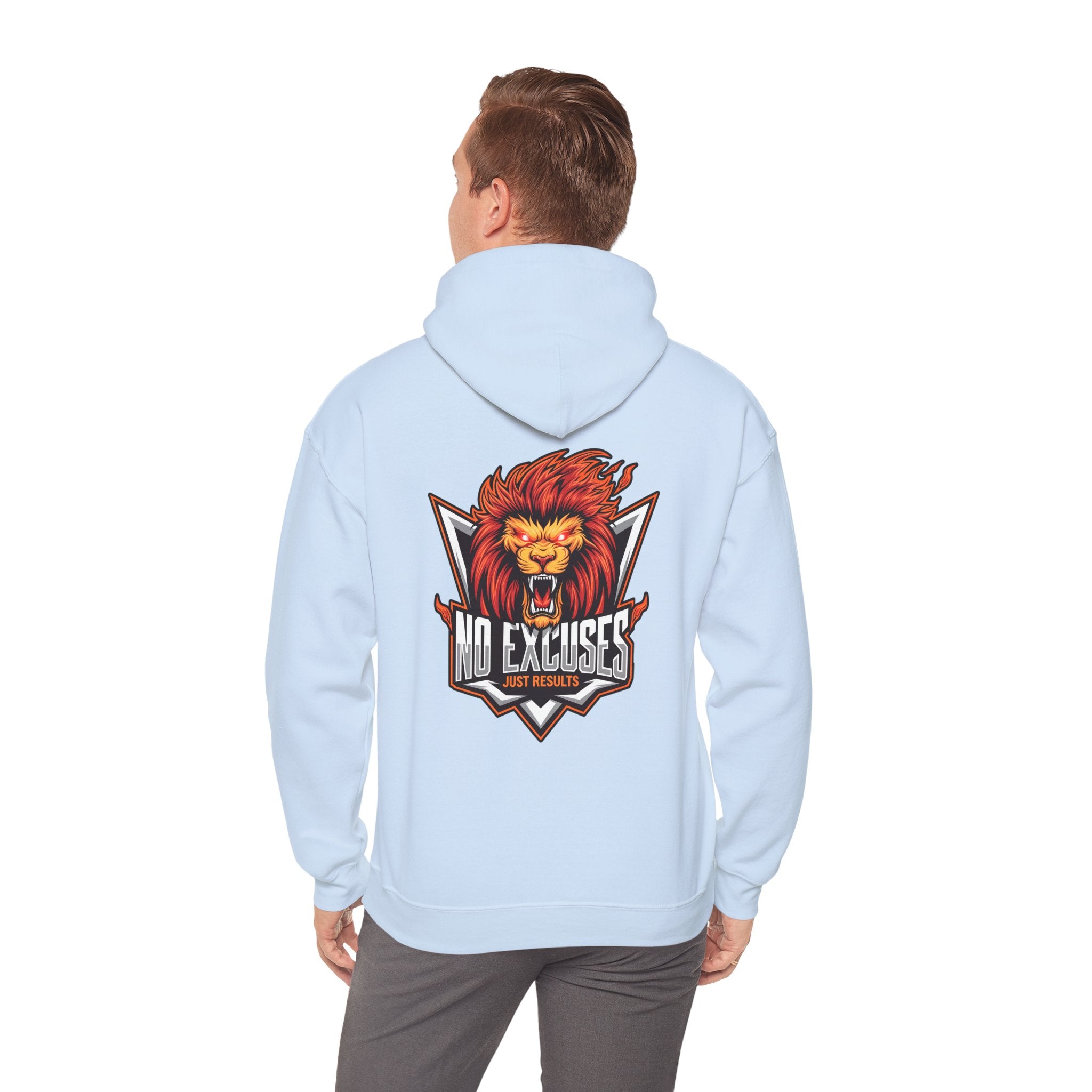 No Excuses Lion Graphic Hoodie - Motivational Unisex Heavy Blend Pullover for Fitness Enthusiasts