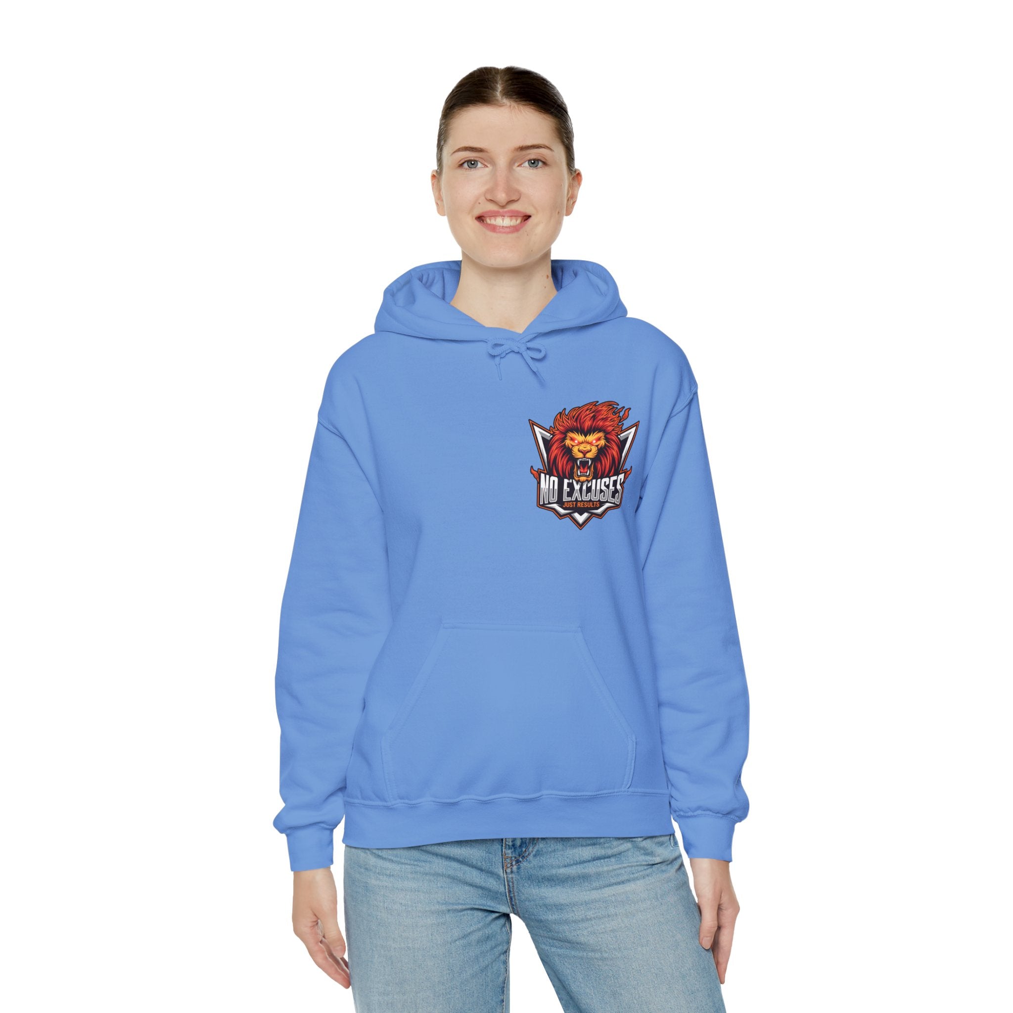 No Excuses Lion Graphic Hoodie - Motivational Unisex Heavy Blend Pullover for Fitness Enthusiasts
