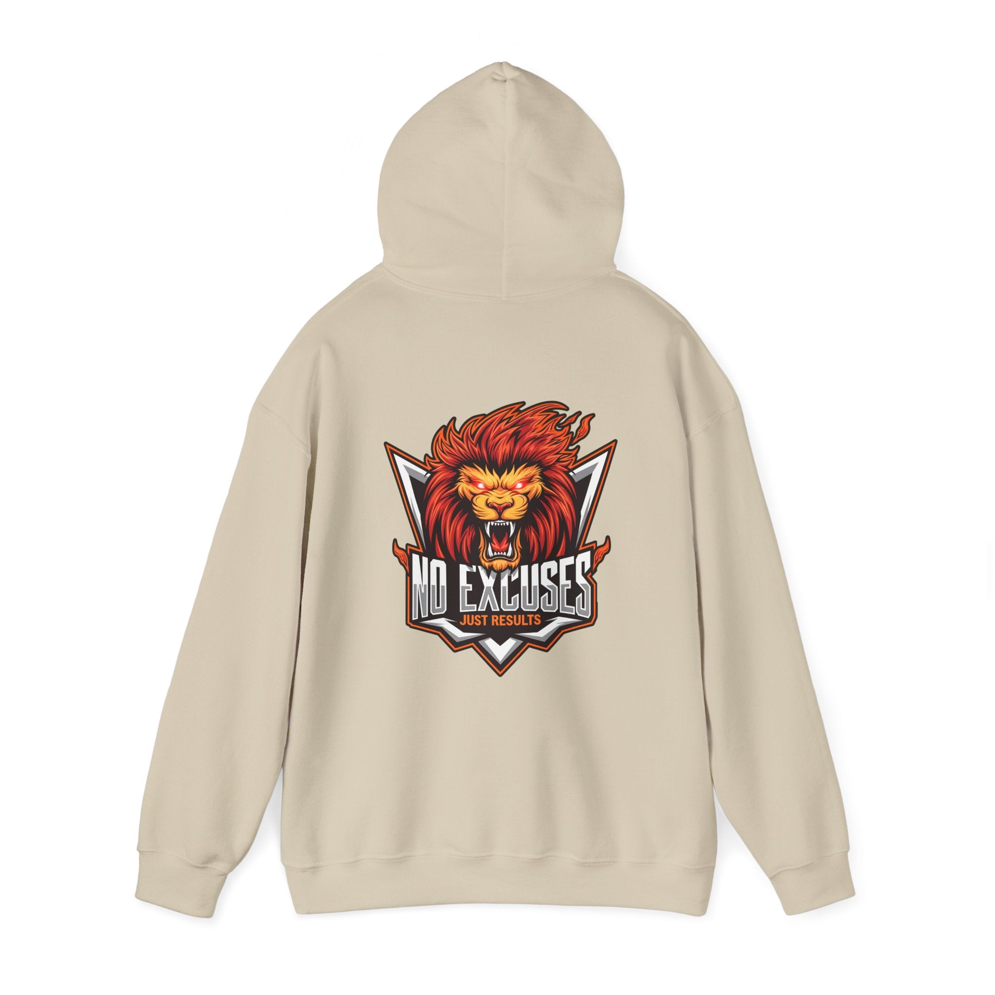 No Excuses Lion Graphic Hoodie - Motivational Unisex Heavy Blend Pullover for Fitness Enthusiasts