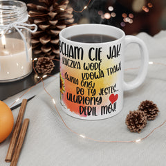 Kubek ceramiczny 330 ml – „Kocham Cię jak kaczka wodę, krowa trawę, świna błoto… Ulubiony debil mój” | humorystyczny kubek z krową