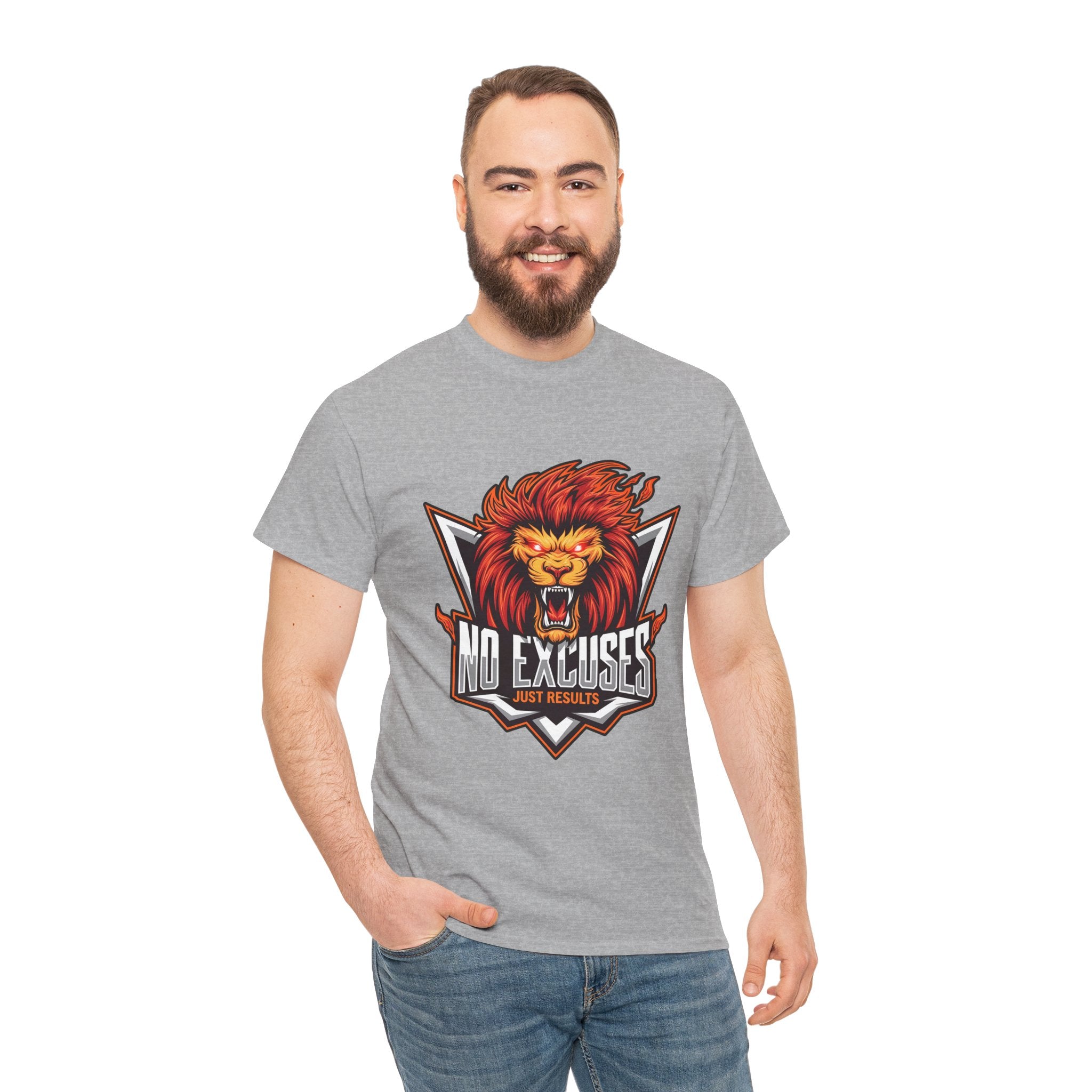 Motivational Lion Graphic Tee - 'No Excuses, Just Results'