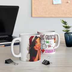 Kubek „Byłaś grzeczna?” – śmieszny świąteczny kubek z Mikołajką  | Prezent na Święta | Biały ceramiczny kubek na kawę i herbatę