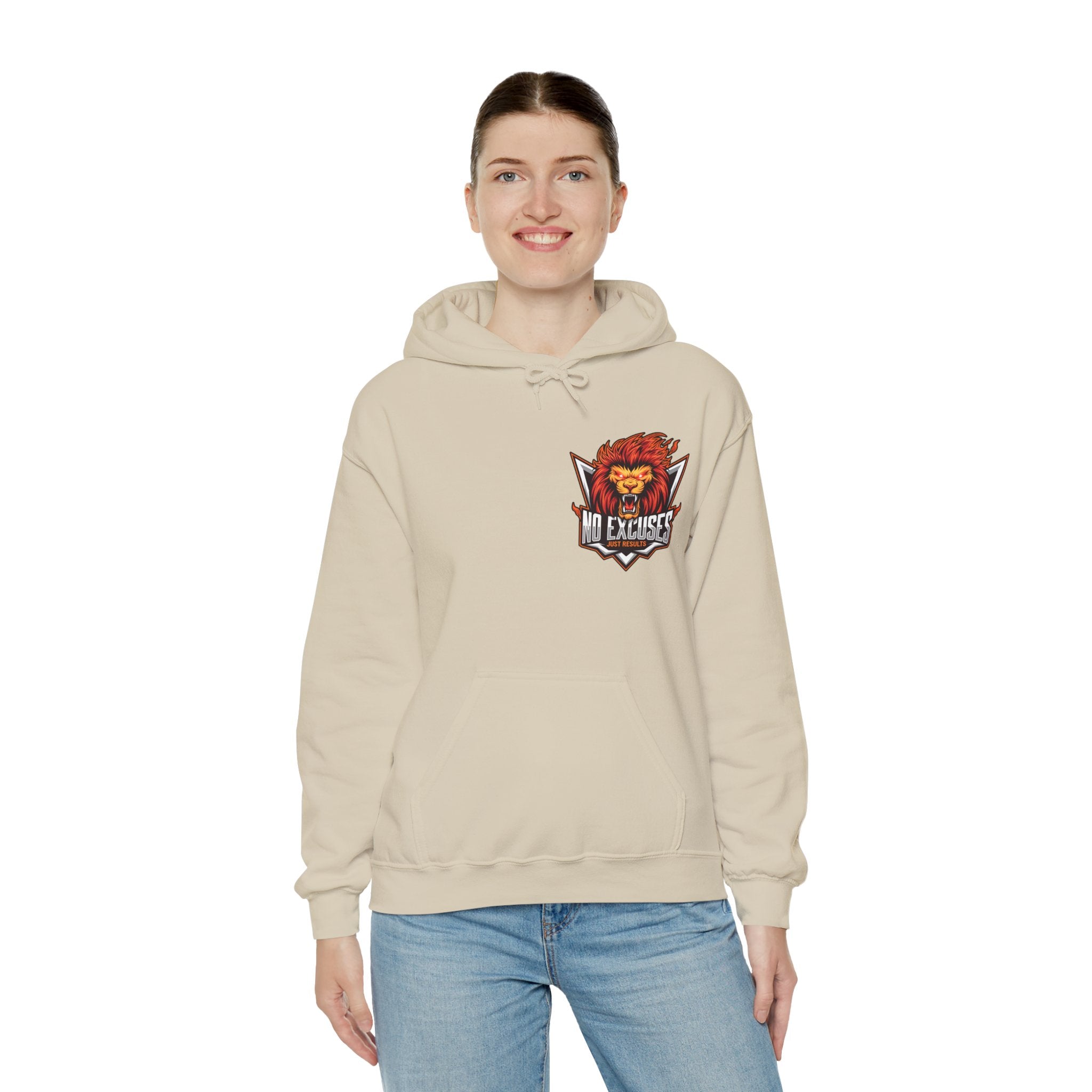 No Excuses Lion Graphic Hoodie - Motivational Unisex Heavy Blend Pullover for Fitness Enthusiasts