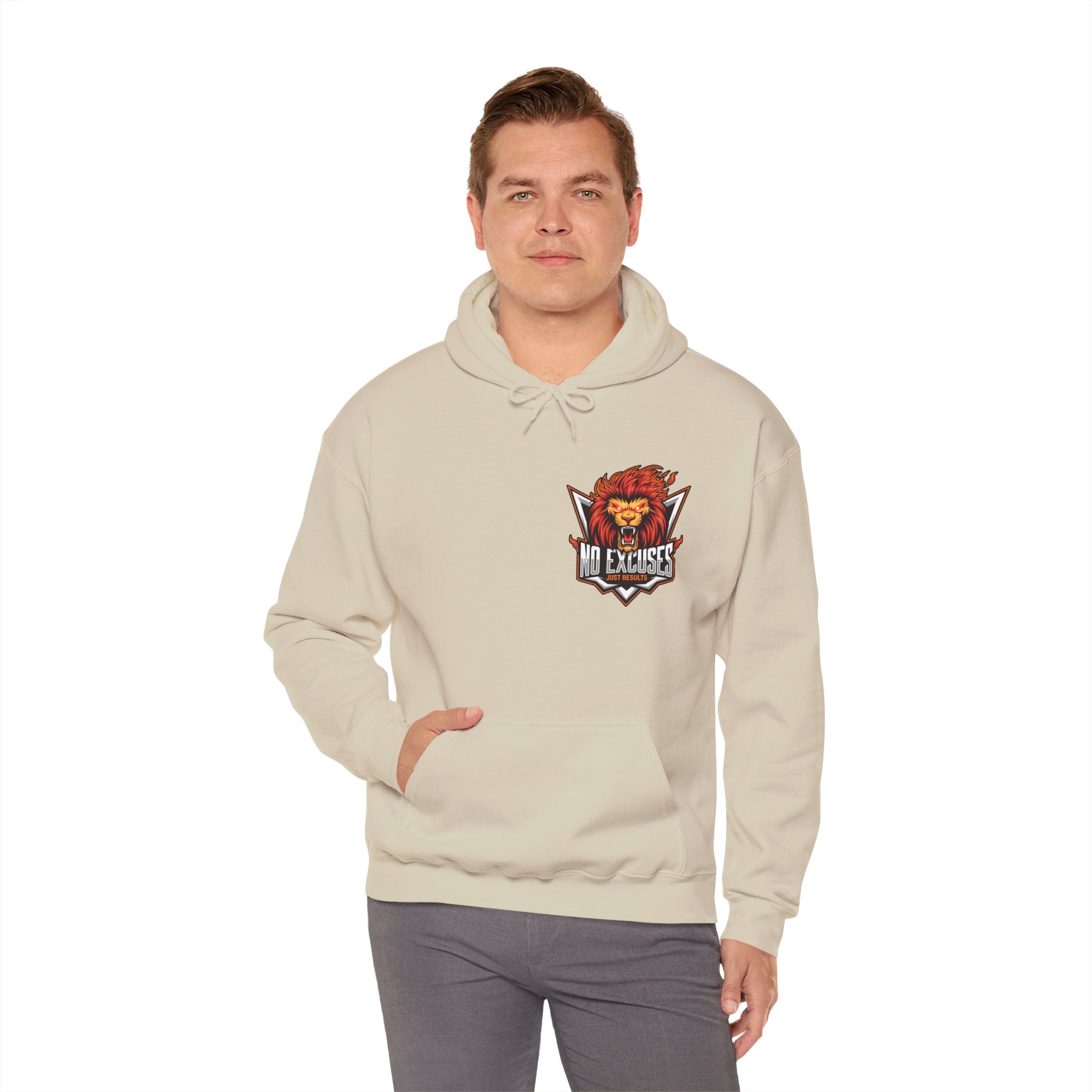 No Excuses Lion Graphic Hoodie - Motivational Unisex Heavy Blend Pullover for Fitness Enthusiasts