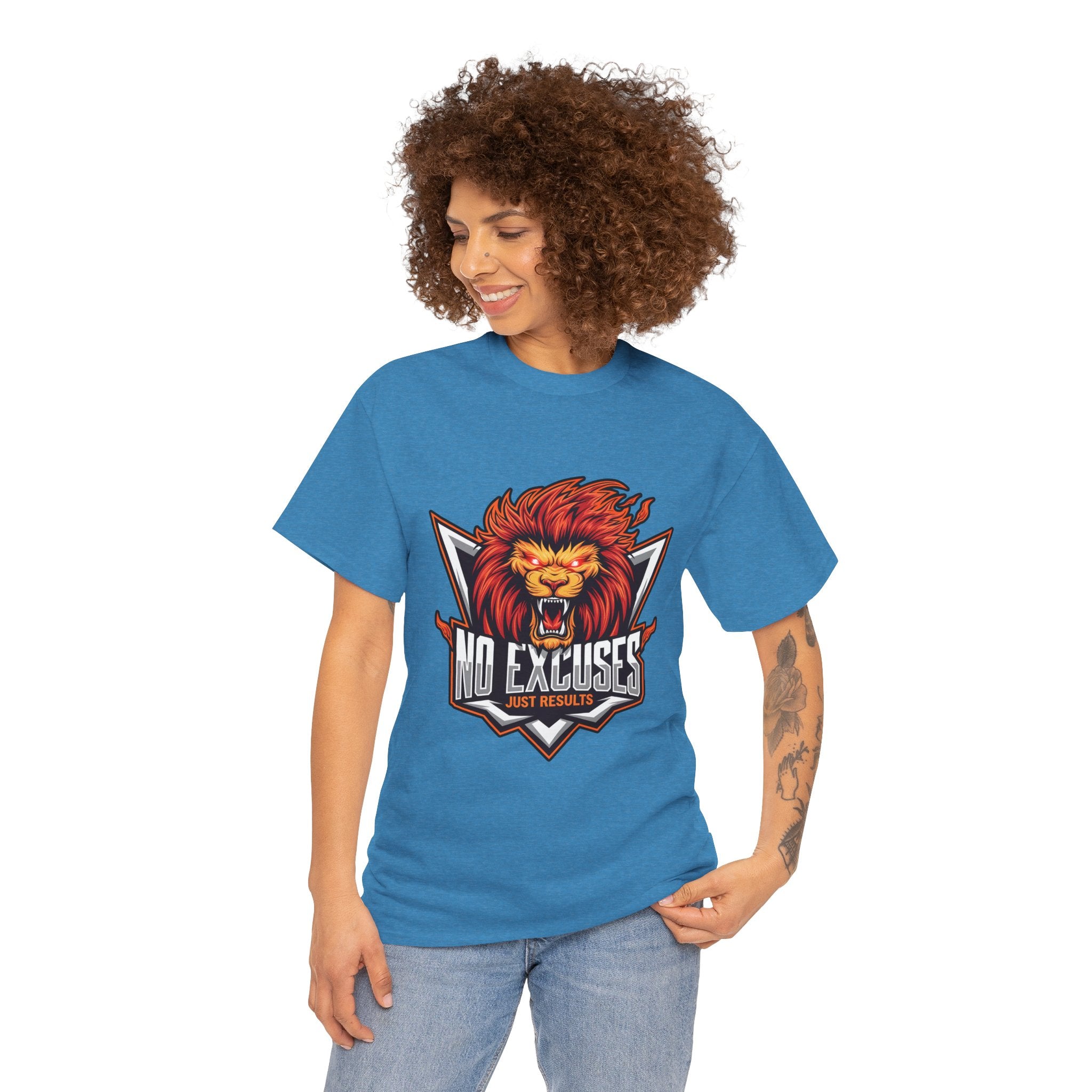 Motivational Lion Graphic Tee - 'No Excuses, Just Results'
