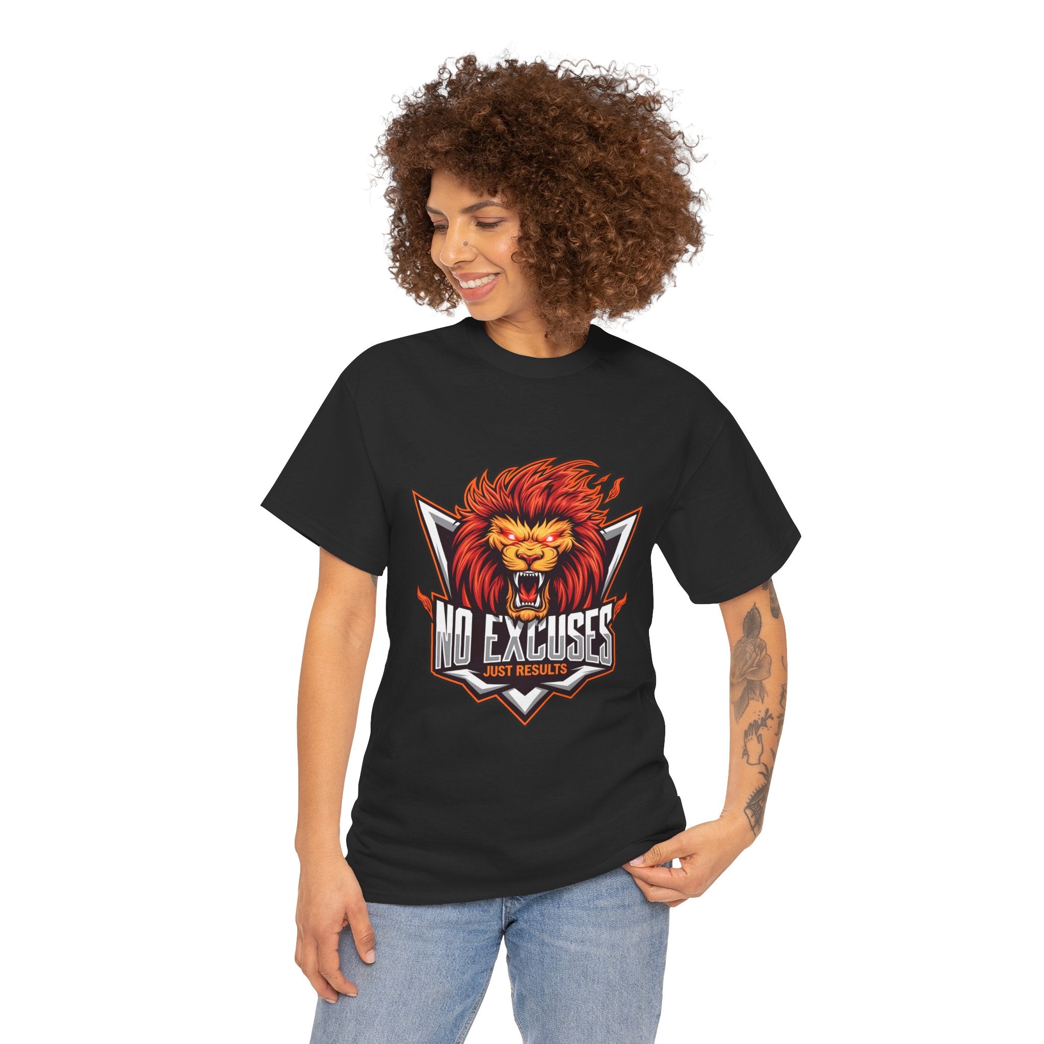 Motivational Lion Graphic Tee - 'No Excuses, Just Results'