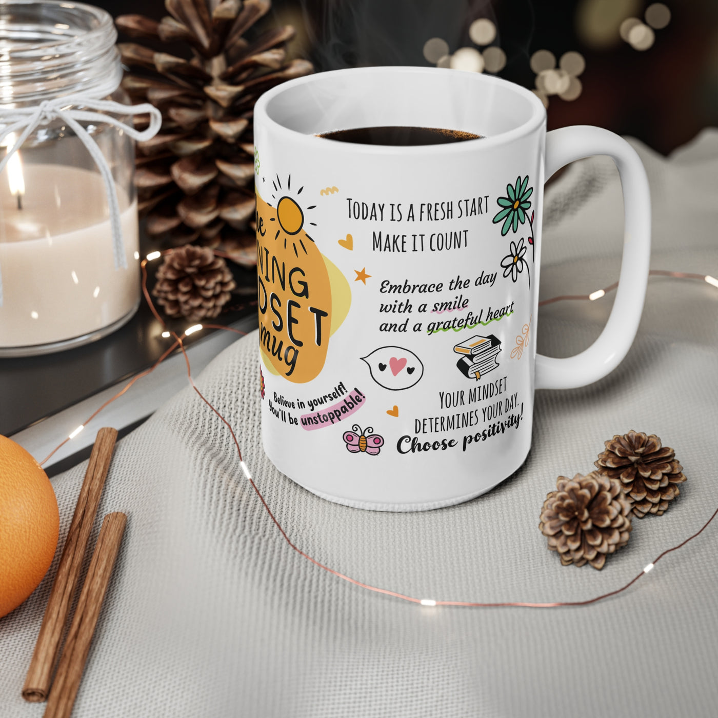 Morning Mindset Afirmation White Coffee Mug, 11/15oz