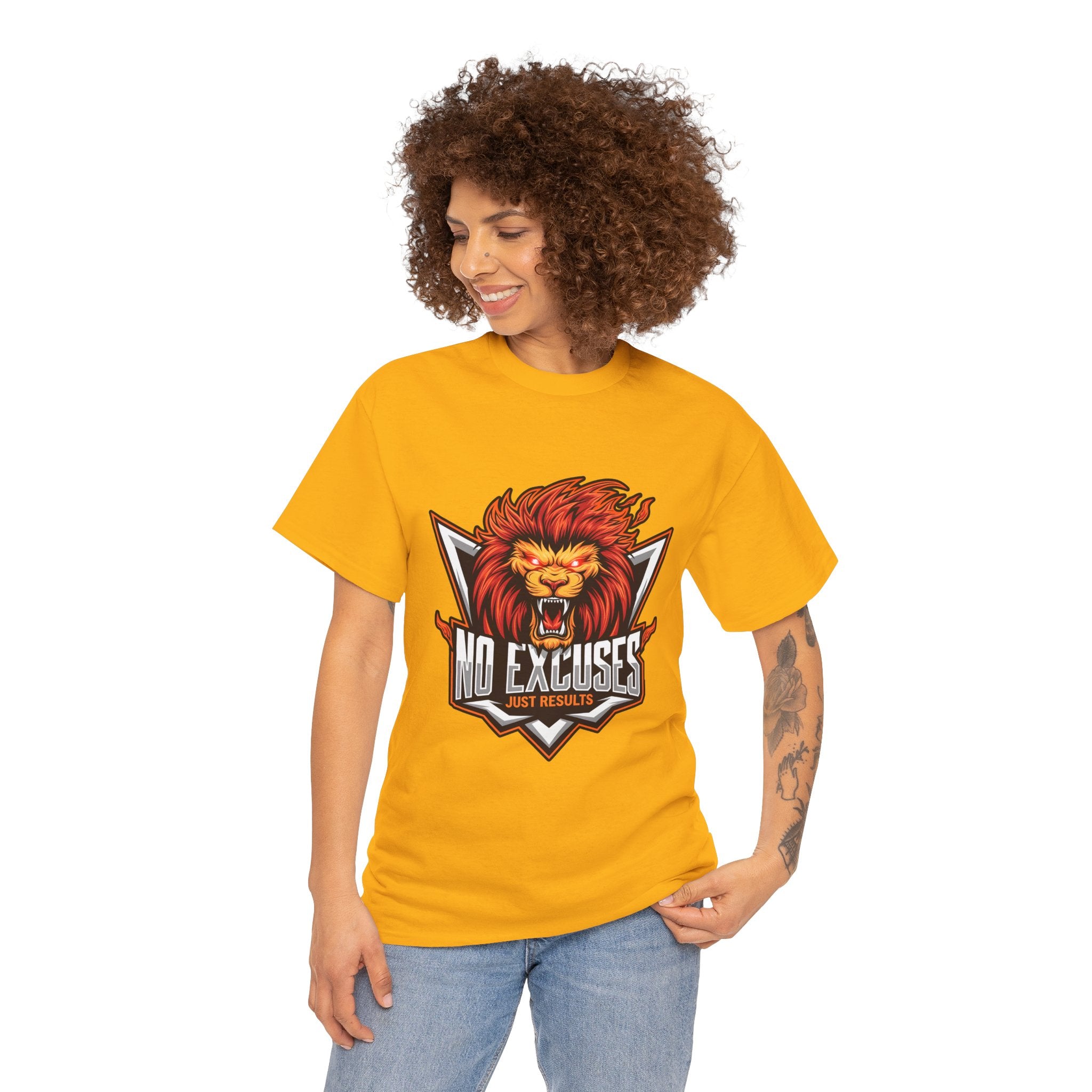 Motivational Lion Graphic Tee - 'No Excuses, Just Results'