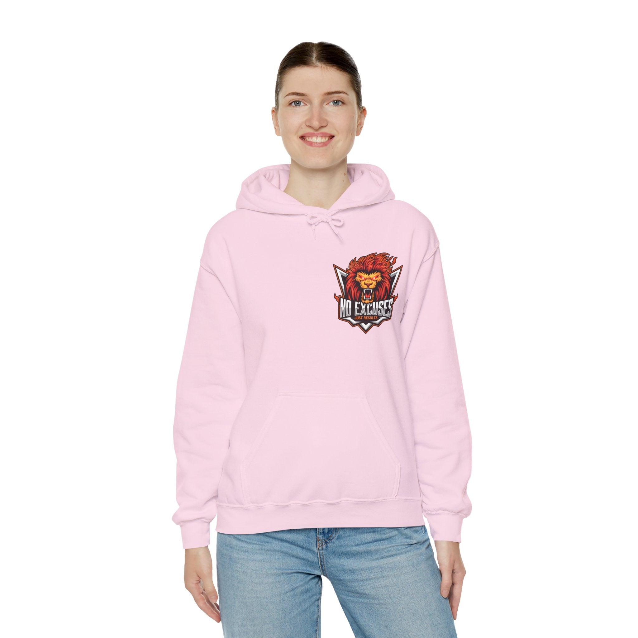 No Excuses Lion Graphic Hoodie - Motivational Unisex Heavy Blend Pullover for Fitness Enthusiasts
