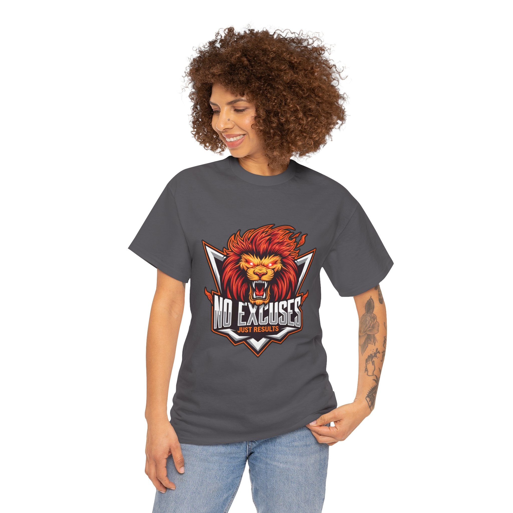 Motivational Lion Graphic Tee - 'No Excuses, Just Results'