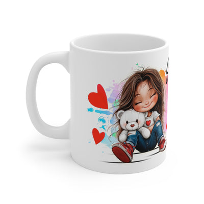 Love & Cuddles Ceramic White Coffee Mug - Cute Character Design, Perfect Gift for All Occasions