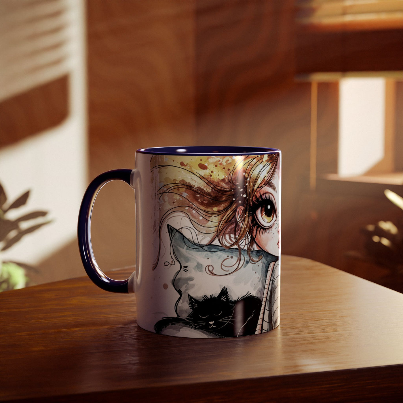 Whimsical Cat Lover's Two-Tone Coffee Mug - 11oz Artistic Design