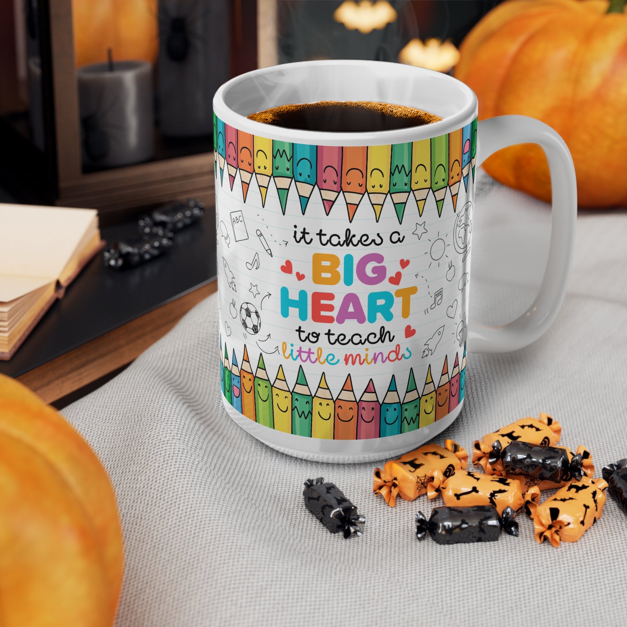 Ceramic Teacher Coffee Cup - "It Takes a Big Heart to Teach Little Minds" - Perfect Gift for Educators, Desk Decor, Classroom Essentials