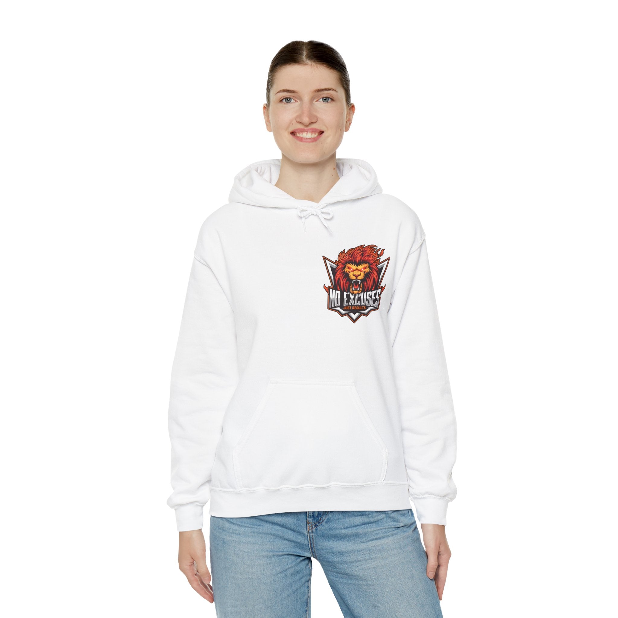 No Excuses Lion Graphic Hoodie - Motivational Unisex Heavy Blend Pullover for Fitness Enthusiasts