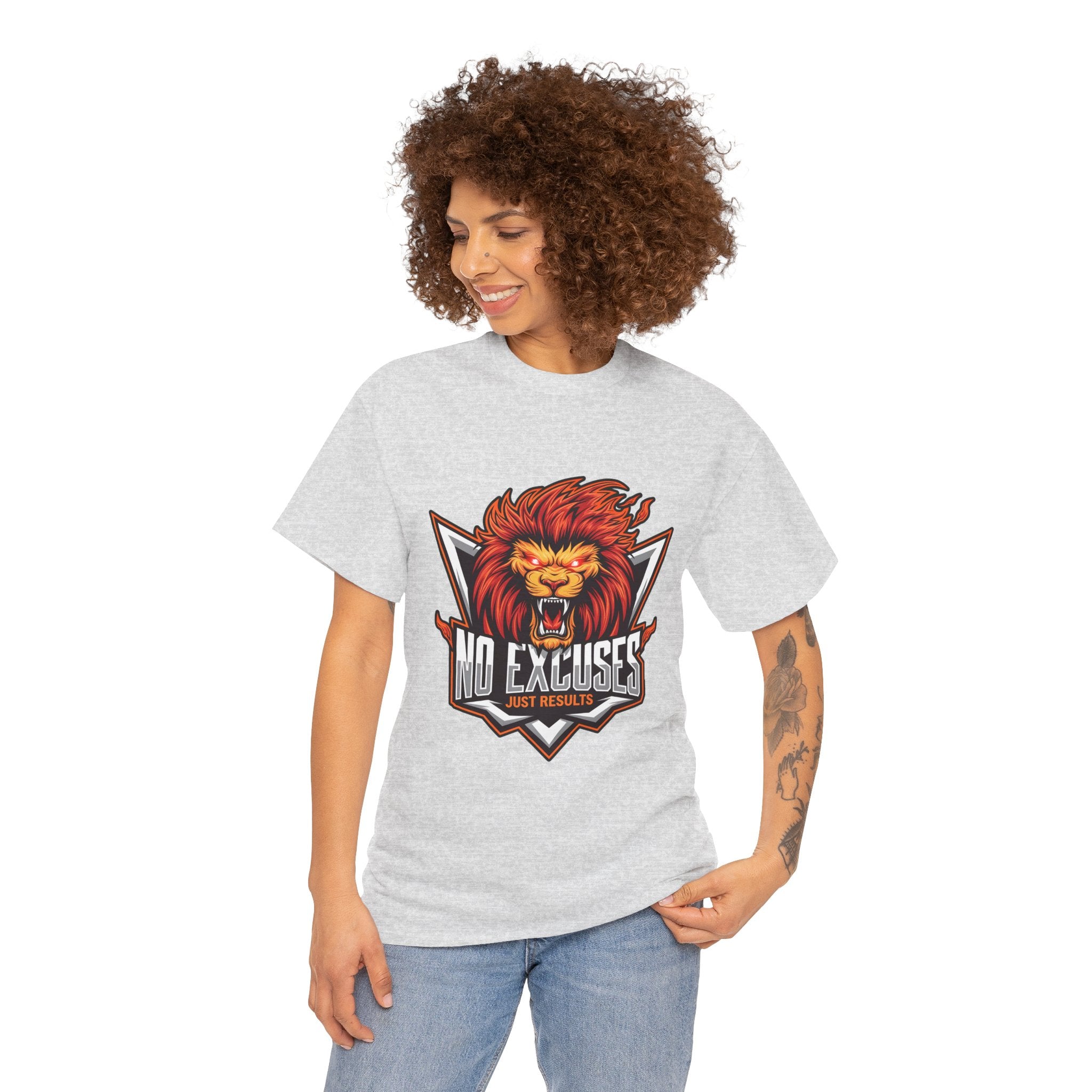 Motivational Lion Graphic Tee - 'No Excuses, Just Results'