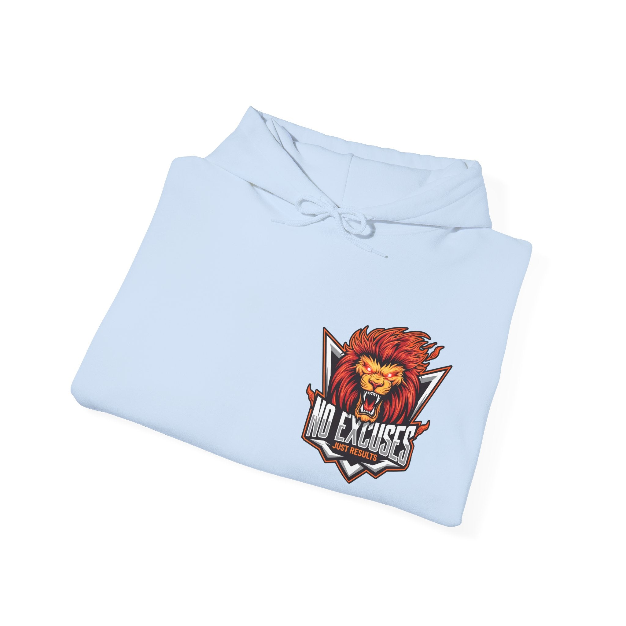 No Excuses Lion Graphic Hoodie - Motivational Unisex Heavy Blend Pullover for Fitness Enthusiasts