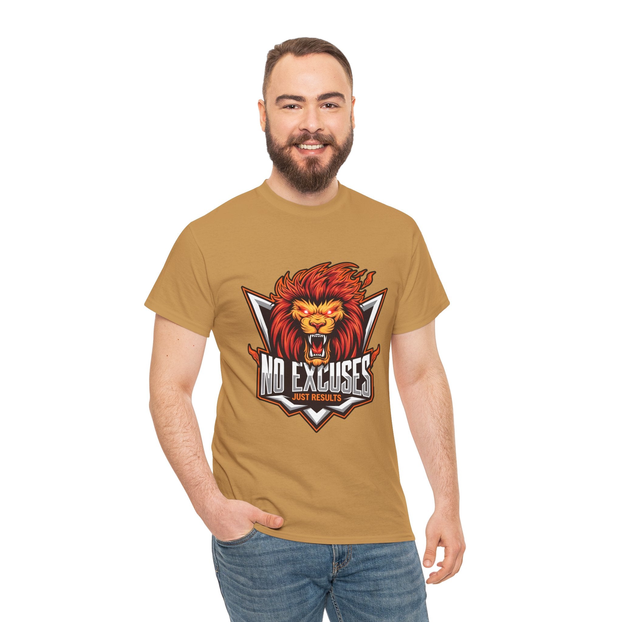 Motivational Lion Graphic Tee - 'No Excuses, Just Results'