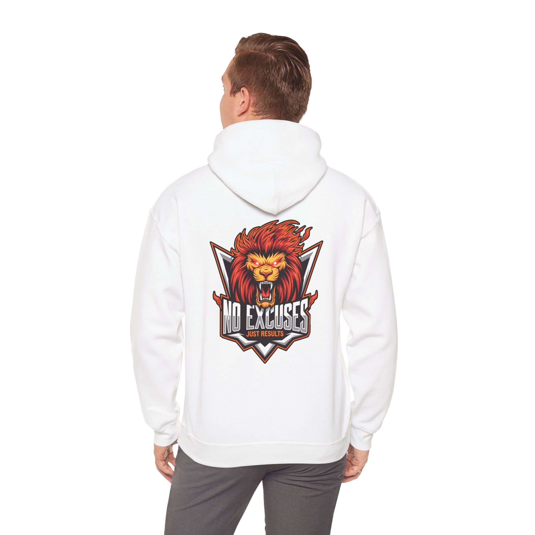 No Excuses Lion Graphic Hoodie - Motivational Unisex Heavy Blend Pullover for Fitness Enthusiasts