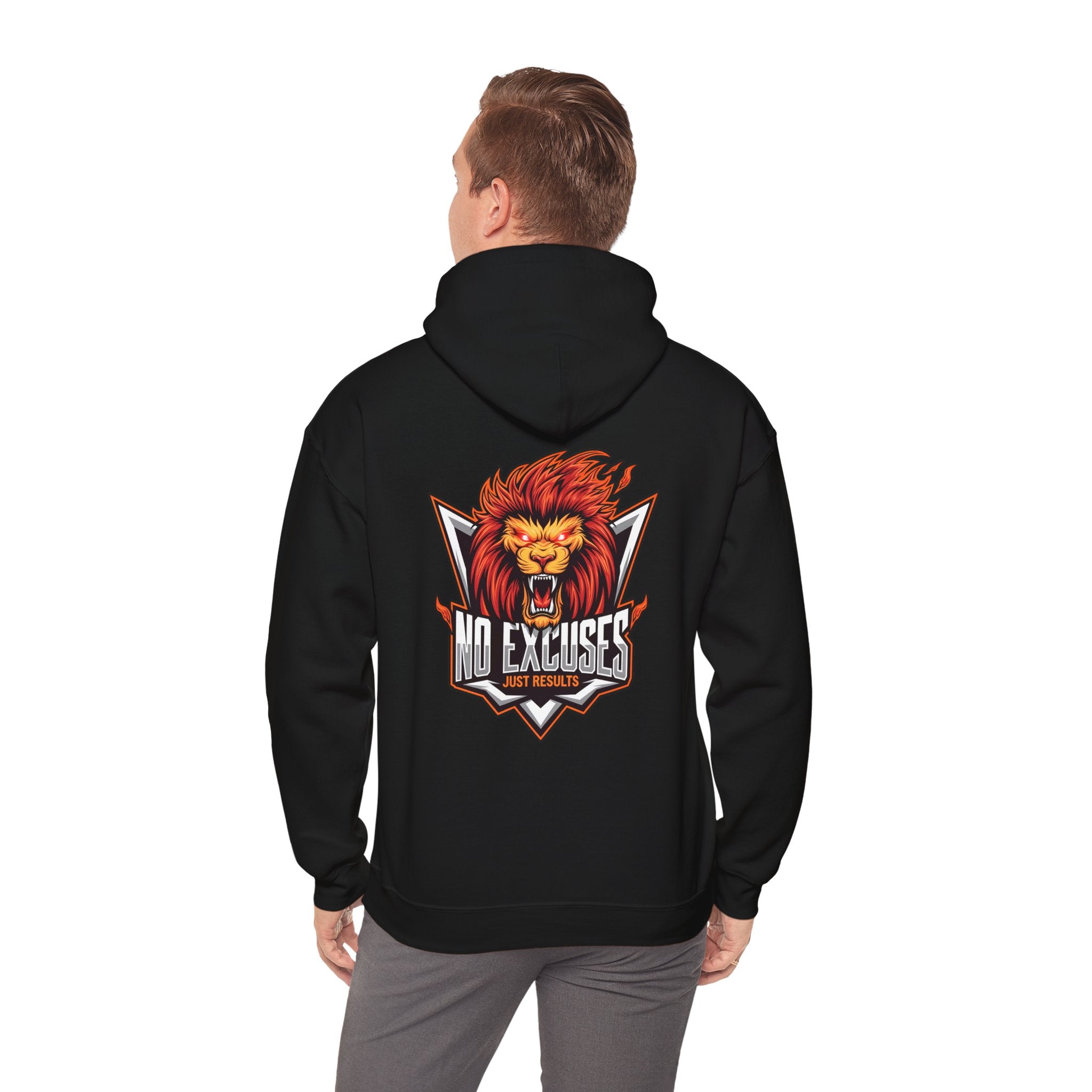 No Excuses Lion Graphic Hoodie - Motivational Unisex Heavy Blend Pullover for Fitness Enthusiasts